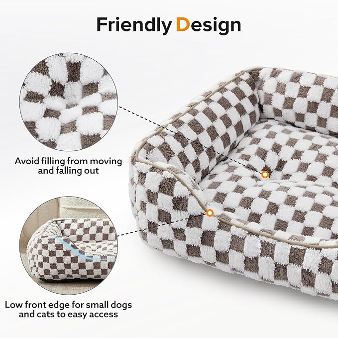 JOEJOY Dog Bed for Medium Small Dogs - Rectangle Orthopedic Dog Sofa Bed, Cute Modern Puppy Bed with Jacquard Shaggy Plush & Anti Slip Bottom, 25x21x8inches, Cofffee