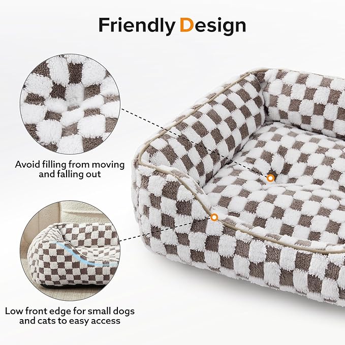 JOEJOY Dog Beds for Small Dogs -Cute Cat Beds for Indoor Cats Calming Pet Beds, Rectangle Orthopedic Cuddle Puppy Bed with Jacquard Shaggy Plush & Anti Slip Bottom, 20x19x6inches, Cofffee