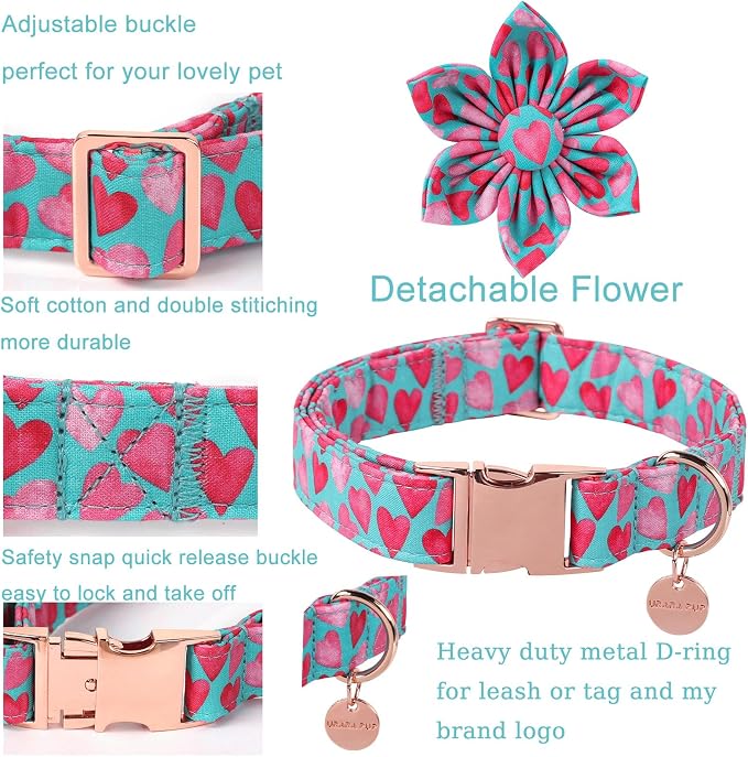 Valentine Dog Collar with Flower, Heart Flower Collar for Puppy Girl Boy Dog or Cat, Comfortable Dog Collar Flower with Durable Metal Buckle, Cute Pet Collar, L, Neck 16-24in
