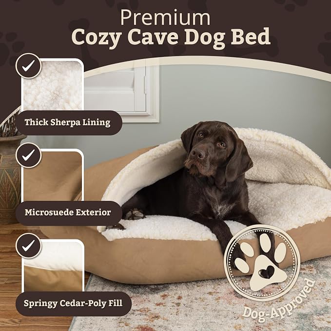 Snoozer Rectangle Cozy Cave Dog Bed - Indoor Dog Bed with Cover Cave, Covered Calming Burrow for Small Sized Pets with Blanket Attached, Enclosed, Washable Cover - Small, Camel