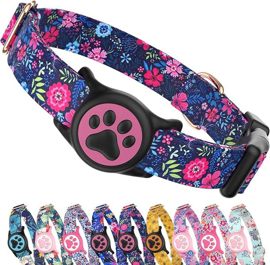 Airtag Dog Collar,with Waterproof airtag Holder，Original Stylish Cute Pattern Design.QR Code ID Buckle，Comfortable Soft Cotton for Small Medium Large Dogs