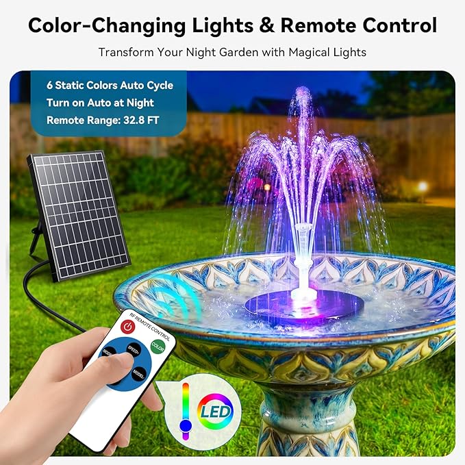 Antfraer 12W Solar Fountain Pump with 4200mAh Battery Backup& Remote RGB LED Lights, Floating Solar Water Fountain with 8 Nozzles & PVC Tubing for Bird Bath, Garden, Backyard, Outdoor Water Feature