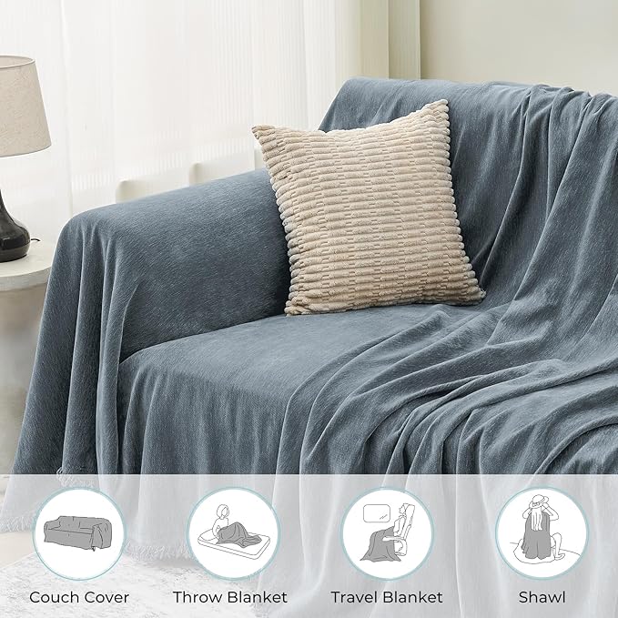 CAPALOCA Sectional Couch Covers, 2 Pieces Chenille Sofa Cover L Shaped Couch Cover Blanket for Dogs Washable Sofa Slipcovers Pet Furniture Protector (XX-Large: 71" x 118" + 71" x 118", Blue)