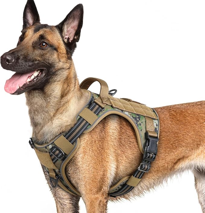 rabbitgoo Tactical Dog Harness for Large Dogs No Pull Adjustable Military Vest with Handle MOLLE Reflective Heavy Duty Dog Vest for Walking Training Hunting Outdoor Medium Size Dog Brown Camo L