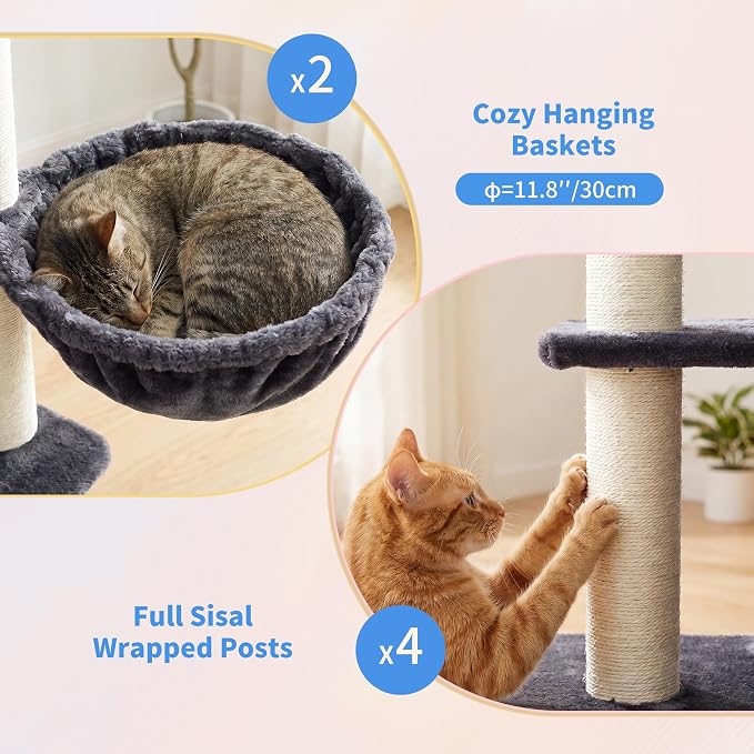 Heybly Cat Tree with Reinforced Big Base, 41.3-Inch Sturdy Cat Tower for Indoor Cats Featuring 2 Roomy Platforms, Double Cat Condo, 2 Cozy Baskets, Full Sisal Scratching Posts, Smoky Gray HCT075G