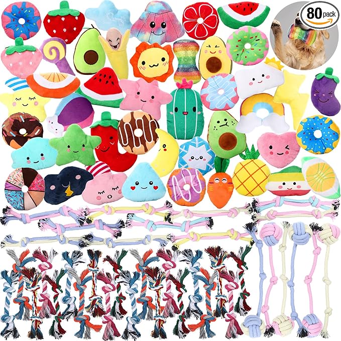 Hungdao 80 Pcs Dog Squeaky Toys Bulk for Small Dog Cute Plush Stuffed Puppy Chew Teething Toys Pet Bundle Easter Gift for Chewing Cleaning & Interactive Play(Rope Style)