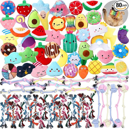 Hungdao 80 Pcs Dog Squeaky Toys Bulk for Small Dog Cute Plush Stuffed Puppy Chew Teething Toys Pet Bundle Easter Gift for Chewing Cleaning & Interactive Play(Rope Style)