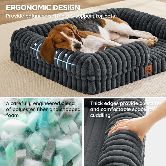 Orthopedic Dog Bed for Large Dogs, Washable Dog Bed with Faux Rabbit Fur Waterproof Cover, High Density Egg Crate Foam Support with 3-Sided Bolsters for Senior Dogs, Non-Skid Bottom,35x28x7, Dark Grey