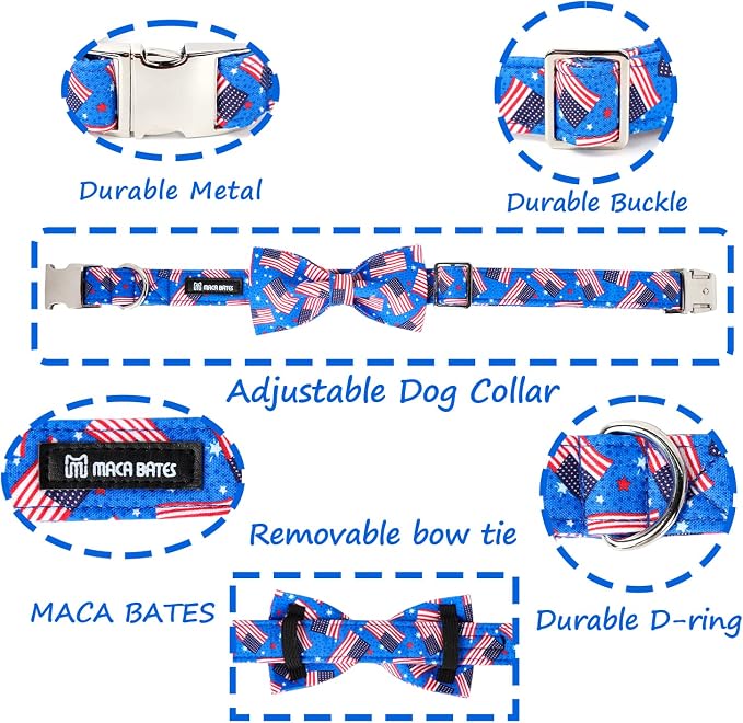Maca Bates American Flag 4th of July Dog Collar with Bow Tie for Dogs Bowtie 4 of 7 Flags Blue Adjustable Durable Patriotic Collars USA Independence Day Gift for Small Medium Large XL Boy Girl Puppy