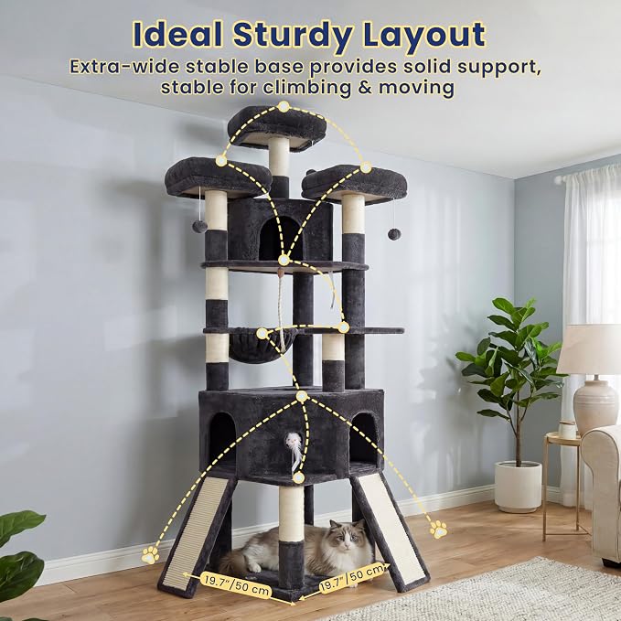 Cat Tree, 81.1-Inch Tall Heavy Duty Cat Tower with Diamond-Shaped Condo for Large Cats, Cat Furniture with 3 Wide Platforms, 2 Sisal Scratchers, Hammock & Stable Base, Smoky Gray VCT032G