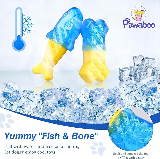 Pawaboo Dog Cooling Chew Toys, 2 Pack Freezable Pet Teething Toys for Summer Cooling, Dog Freezer Chewing Toy for Teeth Cleaning, Reusable Puppy Frozen Toy Relieve Dental Discomfort, Yellow+Blue
