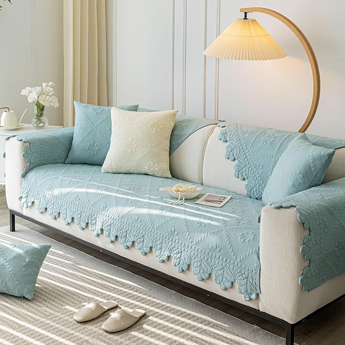 Cotton Quilted Dog Couch Cover for Sofa Farmhouse Rustic Embroidery Sectional Couch Cover Soft Anti-Slip Sofa Slipcover Furniture Protector for Kids, Pets (Blue,43"x82")