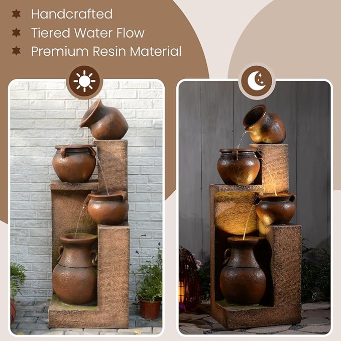 Resin Outdoor Water Fountain 4-Tier Jar Waterfall - Quiet Pump, LED Lights, Rustic Jar Cascading Water Feature for Garden Patio Backyard Decor, 53" H Fountain, Gold