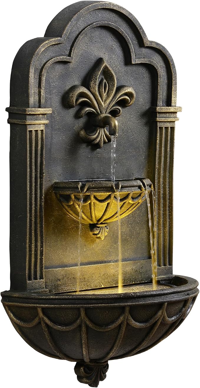 Teamson Home Fleur-de-lis Outdoor Water Fountain–Warm Glow Lighting with Adjustable Flow & Electric Pump, Black & Gold