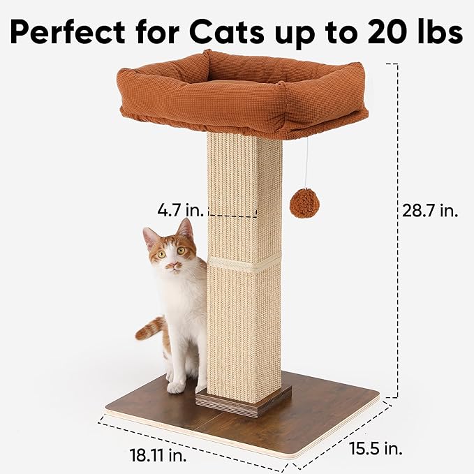 FUKUMARU Cat Scratching Post, Retro-Style Tall Scratch Posts with Perch for Indoor Cats Adults, Large Cat Scratcher Tower with Bed, Natural Sisal & Solid Wood