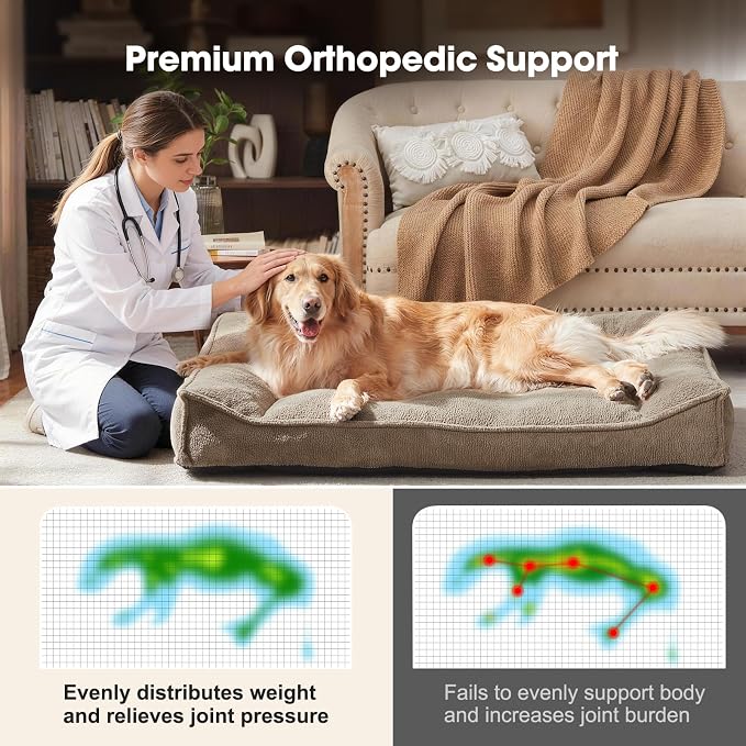 FURTIME Orthopedic Dog Beds Large Sized Dog, Extra Thick Supportive Comfort Pet Sofa, Ergonomic Slant Dog Couch Bed with Removable Washable Cover, Ultra Soft Surface & Non-Slip Bottom, Brown, 38"