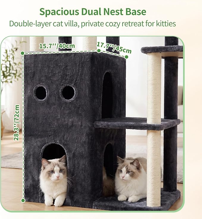 Heybly Cat Tree, 59.4" Secure Anti-Tip Cat Tower for Large Cats, Spacious Cat Furniture with Dual-Tier Cat Condo, 2 Top Perches, Hammock and Sisal Scratching Posts, Smoky Gray HCT055G