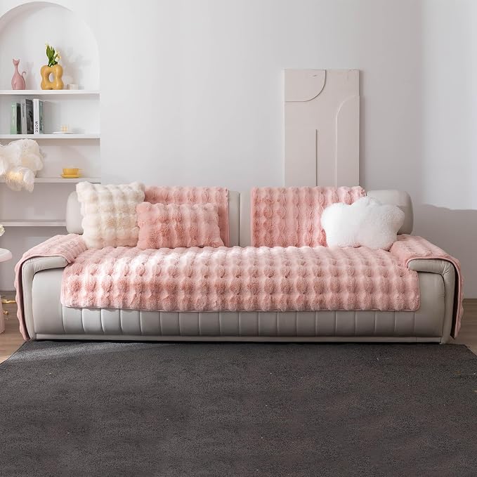 Faux Fur Couch Cover, Soft Warm Plush Sofa Couch Cover, Non Slip Sectional Sofa Slipcovers for L Shaped, Washable Furniture Protector for Kids, Dogs(Pink, 36"×94")
