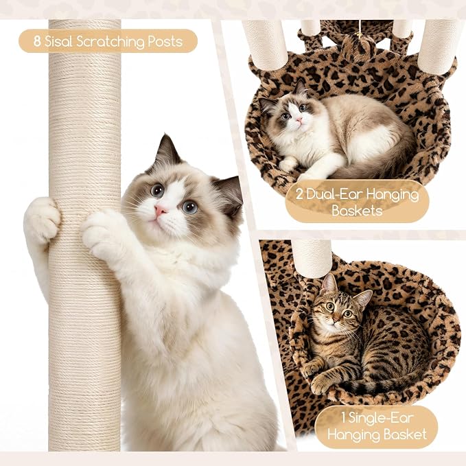 Globlazer Extra Large Cat Tree Tower 82in Tall Heavy Duty Cat Tree for Indoor Cats Large Adult Big Cat Tower with 8 Scratching Posts, 2 Condos, 2 Padded Perches, 3 Hanging Baskets, S82, Leopard Print