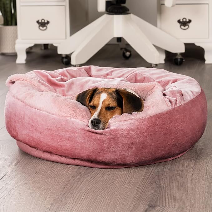 Furhaven 27" Round Calming Donut Dog Bed for Medium/Small Dogs, Washable, For Dogs Up to 45 lbs - Plush Velvet Waves Hooded Donut Bed - Rose Pink, Medium