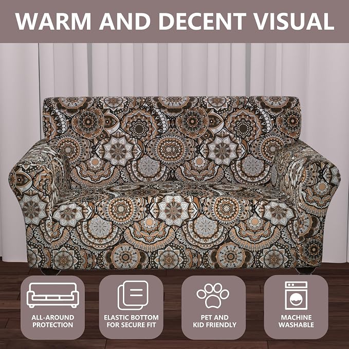 Stretch Loveseat Cover Sofa Slipcover for 2 Cushion Couch,Printed 1-Piece Sofa Cover Furniture Protector Couch with Elastic Bottom for Kids,Dog(Loveseat,A-Round Flower)