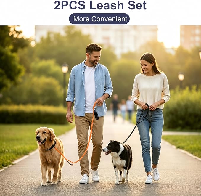 2 Pack Dual Handle Dog Leash, 6ft x 1in Heavy Duty Reflective Nylon Leash with Padded Grip, Traffic Handle, D-Ring, Tangle-Free Dog Lead for Small, Medium & Large Dogs, Safe Night Walks (Black+Orange)