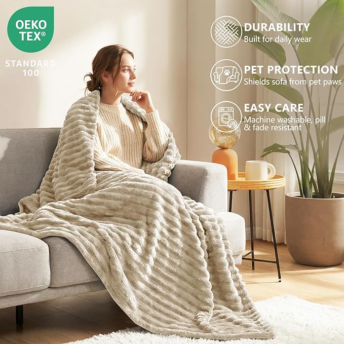 HIMEET Fleece Linen Throw XL Blanket for Couch - 300GSM Ribbed Soft Cozy Outdoor Blankets for Travel Camping Nap, Birthday Gifts for Women Men Her, Long Sofa Room Decor Office Throws, 50x70 Inches