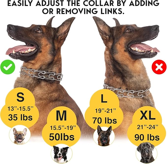 PetJett Prong Collar for Dogs - Choke Collar for Dogs, Pinch Collar for Dog Adjustable No Pull Dog Collar - Training Collar for Small Medium Large Dog Safety Durable Stainless Steel Metal Choker Chain
