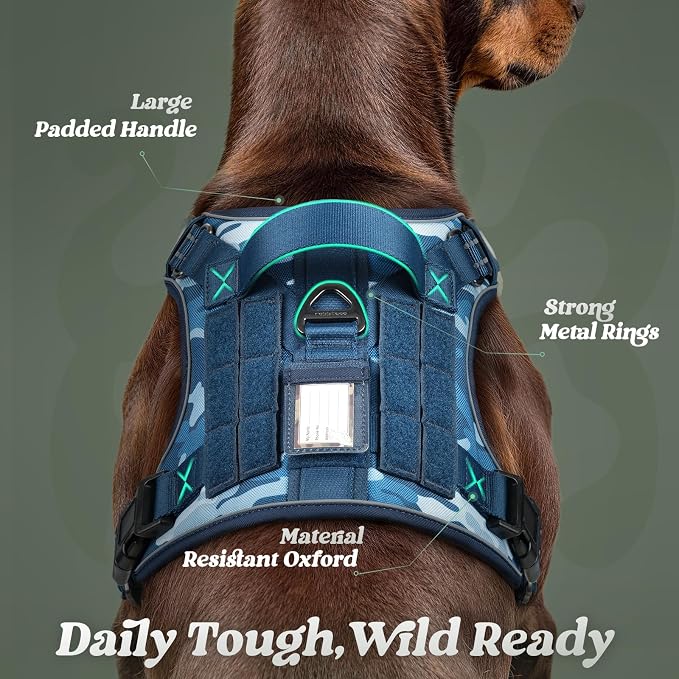 rabbitgoo Dog Harness Medium Sized No Pull, Tactical Service Pet Vest with Molle and Control Handle, Adjustable and Reflective Military Harness for Easy Walking and Training, Blue Camo, M