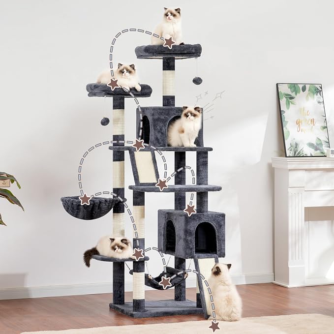 Gitelsnour Cat Tree for Indoor Cats, 71'' (180cm) Multi-Level Cat Tower for Large Adult, Sturdy Cat Tree House with 2 Scratching Boards 7 Posts, 2 Plush Perches/Condos, Hammock, Smoky Gray GCT032G