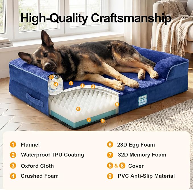OhGeni Orthopedic Dog Bed Couch Big Cat Sofa for Extra Large Sized Pets with Memory Foam, Machine-Washable Waterproof Removable Cover, Soft Comfortable Fabric, 44-inch (Blue)