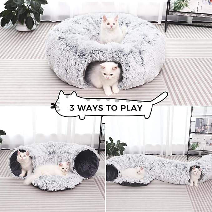 Plush Cat Tunnel with Cat Bed for Indoor Cats, Multifunctional Cat Donut Tunnel for Small Medium Large Cats Kitten Rabbit Puppies (Grey)