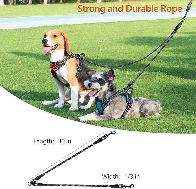 Taglory Double Dog Leash Coupler for Two Dogs, 1/3" Lightweight Dual Leash Extension for Small and Medium Dogs, No Tangle 360° Swivel, Reflective Rope, 30 Inch, Black