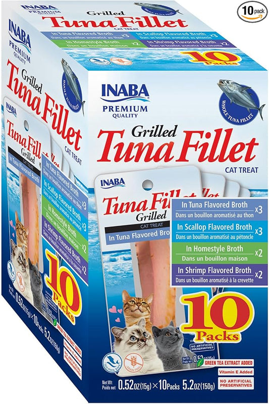 INABA Premium Grilled Tuna Fillet Cat Treats with Vitamin E and Green Tea Extract, 0.52 Ounces Each, Pack of 10, Variety Box