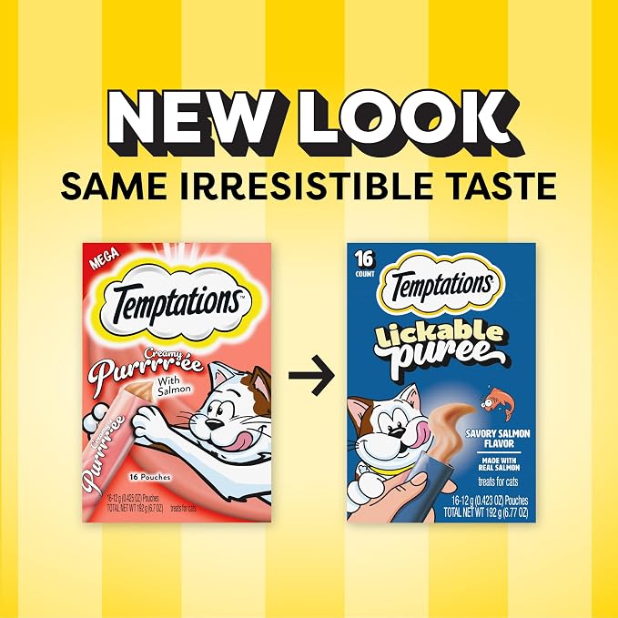 Temptations Creamy Puree Squeezable Lickable Cat Treats, Wet Cat Treats with Salmon, 0.42 oz. Tubes, 16 Count