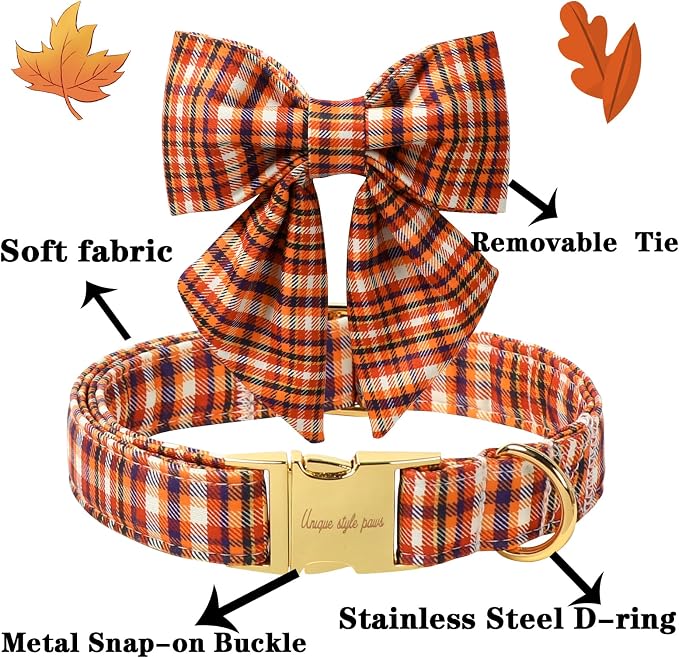 Unique style paws Cartoon Dog Collar with Bowtie Autumn Halloween Plaid Puppy Collar with Colorful Orange Grid for Small Medium Large Boys Girls Dogs