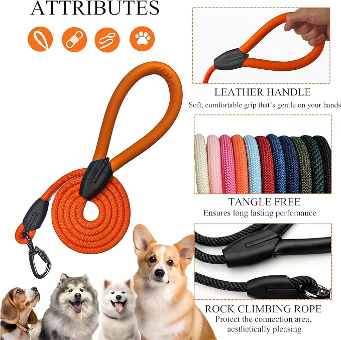 Rope Dog Leash, |Comfortable Leather Handle, Resistant to Dirt and bite | Strong Nylon Pet Lead for Small, Medium, Large Dogs (Orange, 6 FEET)