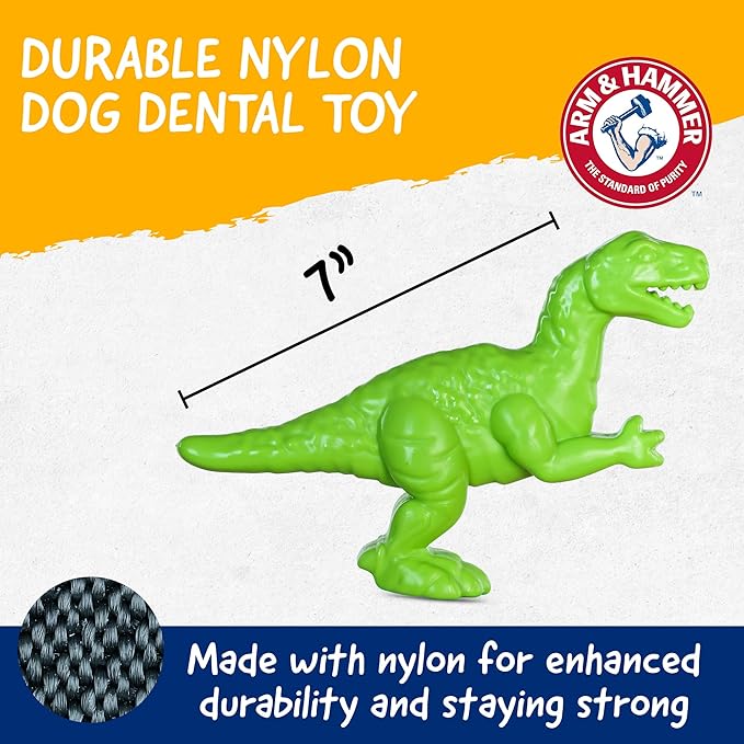 Arm & Hammer Nubbies Denta-Saurus T-Rex Dog Dental Chew Toy, Mint Flavor, for Moderate Chewers, Nylon, Reduces Plaque and Tartar Without Brushing, Baking Soda Infused - 24 Pack