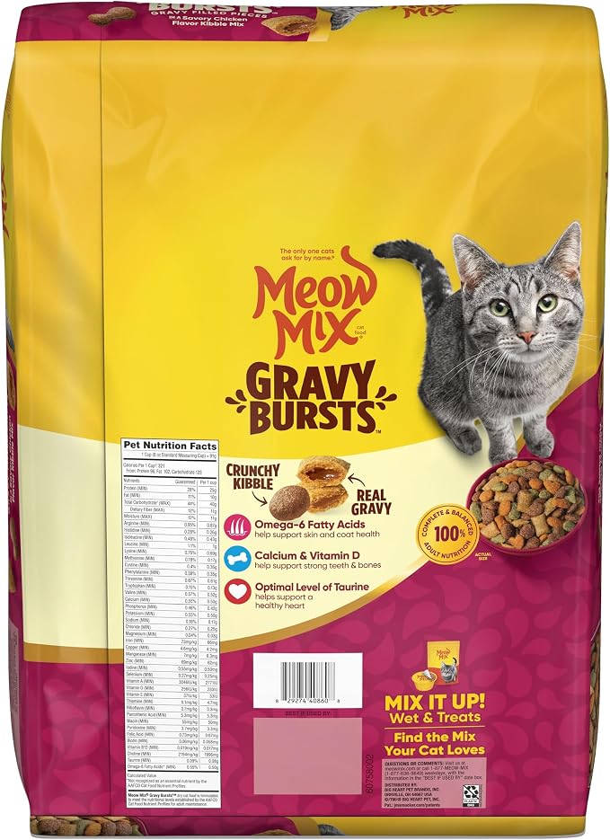 Meow Mix Gravy Bursts Gravy Filled Pieces Savory Chicken Flavors, Dry Cat Food, 13.5 lb. Bag