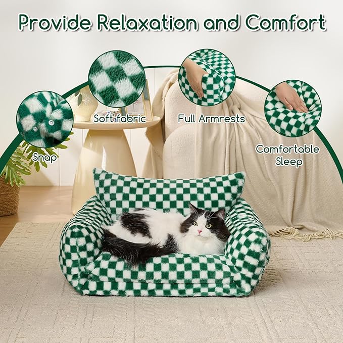 Hollypet Cat Bed Fluffy Plush Multifunctional Double-Layer Machine Washable Soft Warming Kitty Pet Couch Orthopedic Nest Beds for Small Cats and Dogs up to 13lbs, Forest Green ＆ White(25x20x13in)