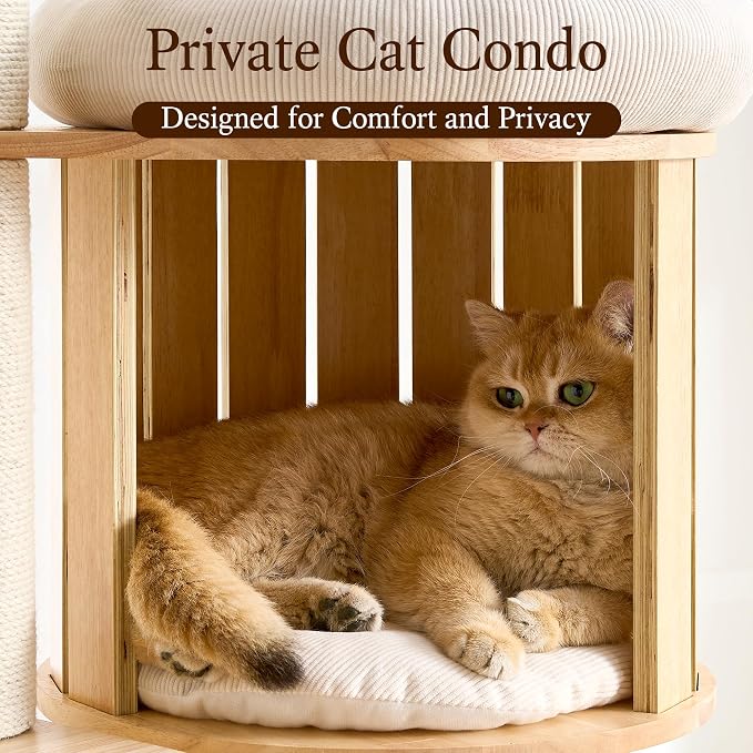 HITTITE Solid Wood Cat Tree Tower with Scratching Post, 70 Inches Tall Cat Towers with Hammock and Condo, Modern Cat Tower with Removable Top Bed for Indoor Cats.