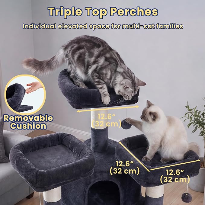 Cat Tree, 81.1-Inch Tall Heavy Duty Cat Tower with Diamond-Shaped Condo for Large Cats, Cat Furniture with 3 Wide Platforms, 2 Sisal Scratchers, Hammock & Stable Base, Smoky Gray VCT032G