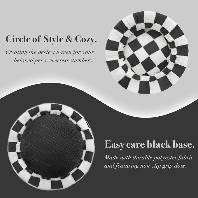 Ohocut Checkered Cat Dog Bed, Cute Black White Retro Style Aesthetic Round Warming Pet Calming Beds for Small Dog and Cats, Plush Cozy Donut Beds Washable, 23" L x 23" W x 8" Th