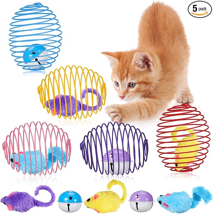 Jecery 5 Pcs Cat Spring Balls Toys Stretchable Rolling Balls Colorful Playful Coils Interactive Action Toy Caged Rats for Kitten Pet Supplies (Mouse and Bell,Multicolor)