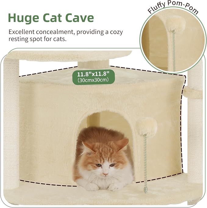 Gitelsnour Corner Cat Tree for Indoor Cats, Cat Tower with All Sisal Scratching Posts, Multi-Level Cat Condo wth Cat Cave, Large Top Perch, Hanging Basket, Sisal Scratching Ramp, Beige GCT025M