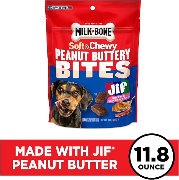 Milk-Bone Peanut Buttery Bites, Soft Dog Treats with Jif Peanut Butter & Real Bacon, 11.8 Oz. Bags (Pack of 5)