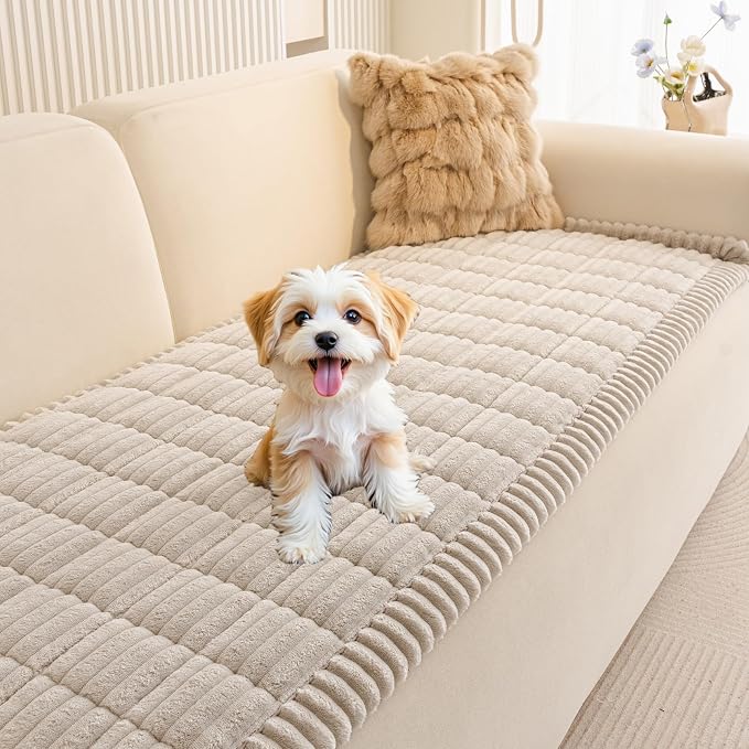 MEETSKY Dog Couch Cover, Non Slip Couch Covers for 3 Cushion Sofa Pet Friendly, Washable Soft Sofa Slipcovers Furniture Protector, Oatmeal, Dog Mat for Couches, 27.6" x 70.9"