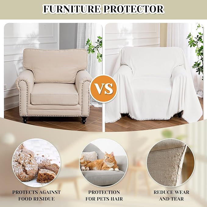 MEETSKY Oversized Chair Covers White Couch Cover Washable Armchair Slipcover Single Couch Cover for Dogs Pets, Recliner Cover 1 Cushion Couch Chenille Couch Protector with Tassel, 71"x 91"