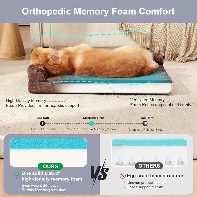 Rainmr Orthopedic Dog Beds for Large Dogs, Memory Foam Dog Beds Large Sized Dogs, Washable Removable Cover, Nonskid Bottom, Waterproof, for Indoor, Outdoor, Crate ＆ Car Use, 44x32x6 Inches, Brown Grey