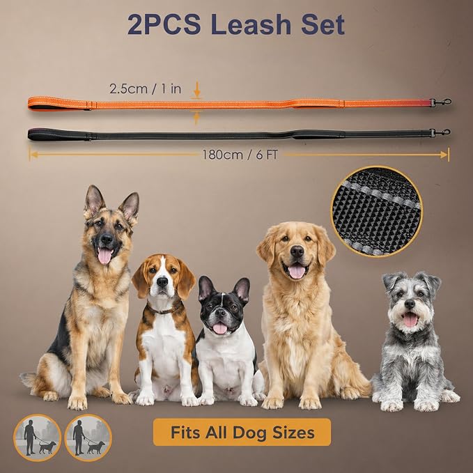 2 Pack Dual Handle Dog Leash, 6ft x 1in Heavy Duty Reflective Nylon Leash with Padded Grip, Traffic Handle, D-Ring, Tangle-Free Dog Lead for Small, Medium & Large Dogs, Safe Night Walks (Black+Orange)